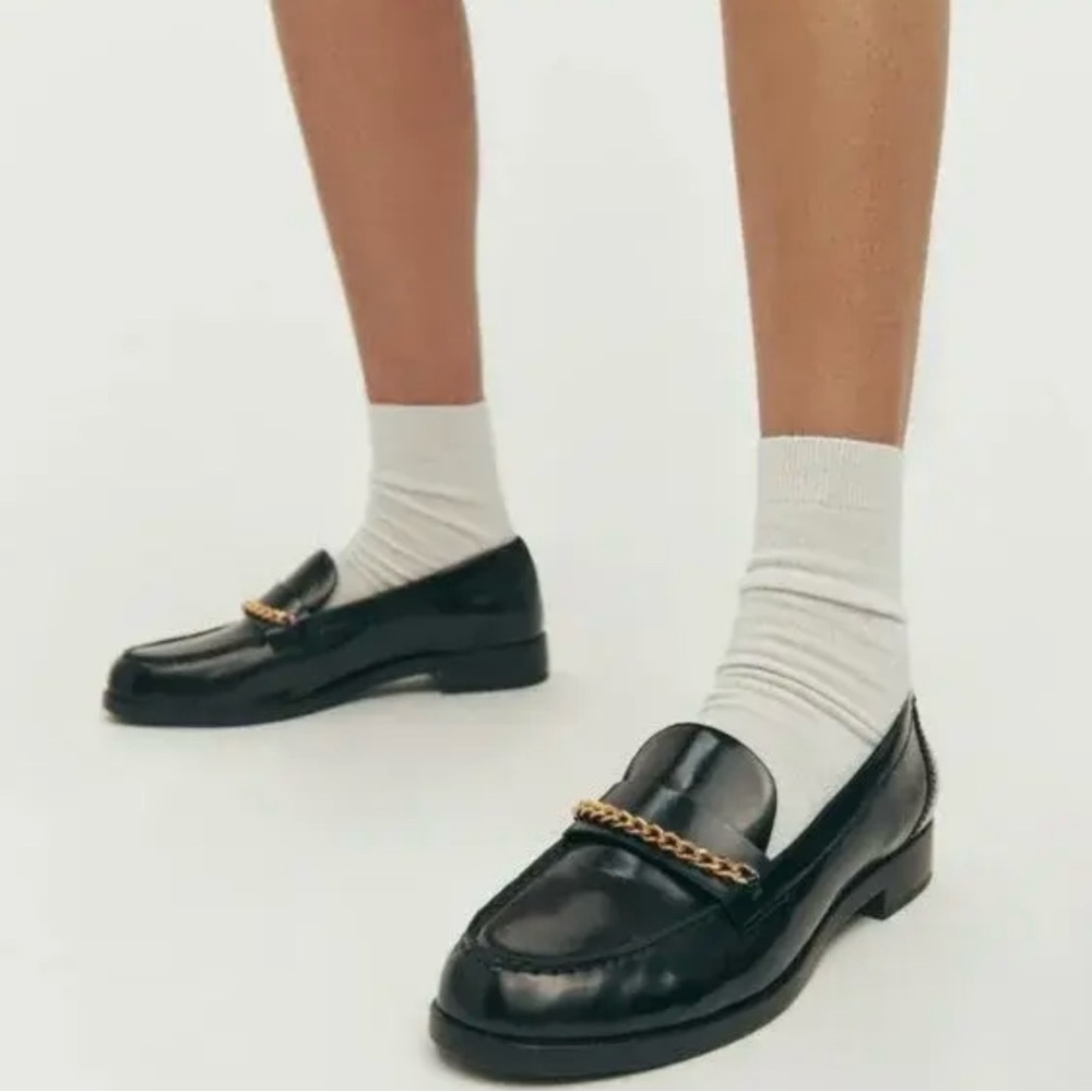 Reformation Black Loafers with Gold Accent